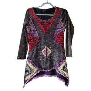 Leopards & Roses Nepal Y2K Whimsigoth Patchwork Cotton Artsy Lagenlook Top S